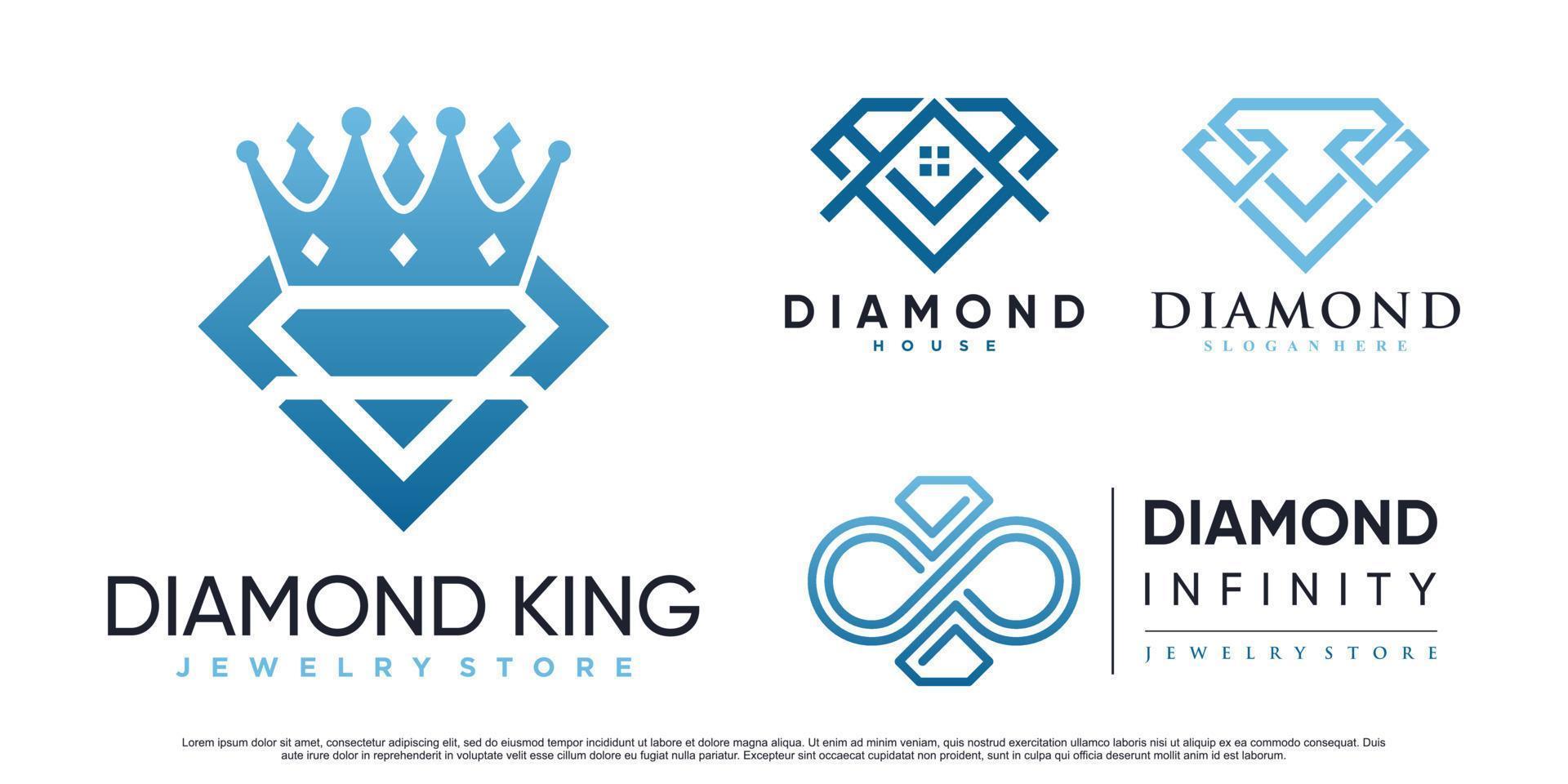 diamant ikonuppsättning logotyp design med krona och kreativa element premium vektor