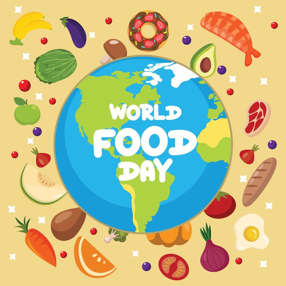 Welternährungstag-Logo-Hintergrund-Vektordesign, Illustration von verschiedenen Früchten und Lebensmitteln, Mahlzeit-Feier-Feier-Poster-Design vektor
