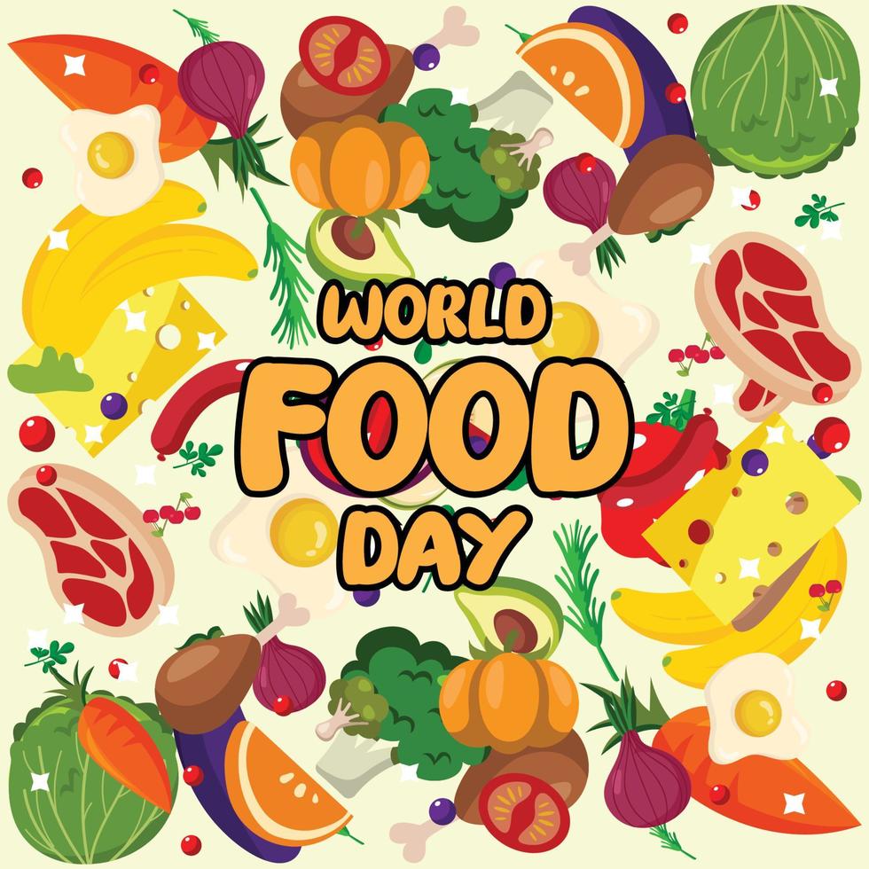 World Food Day logotypbakgrundsvektordesign, illustration av diverse frukter och livsmedel, måltidsfirande firande affischdesign vektor