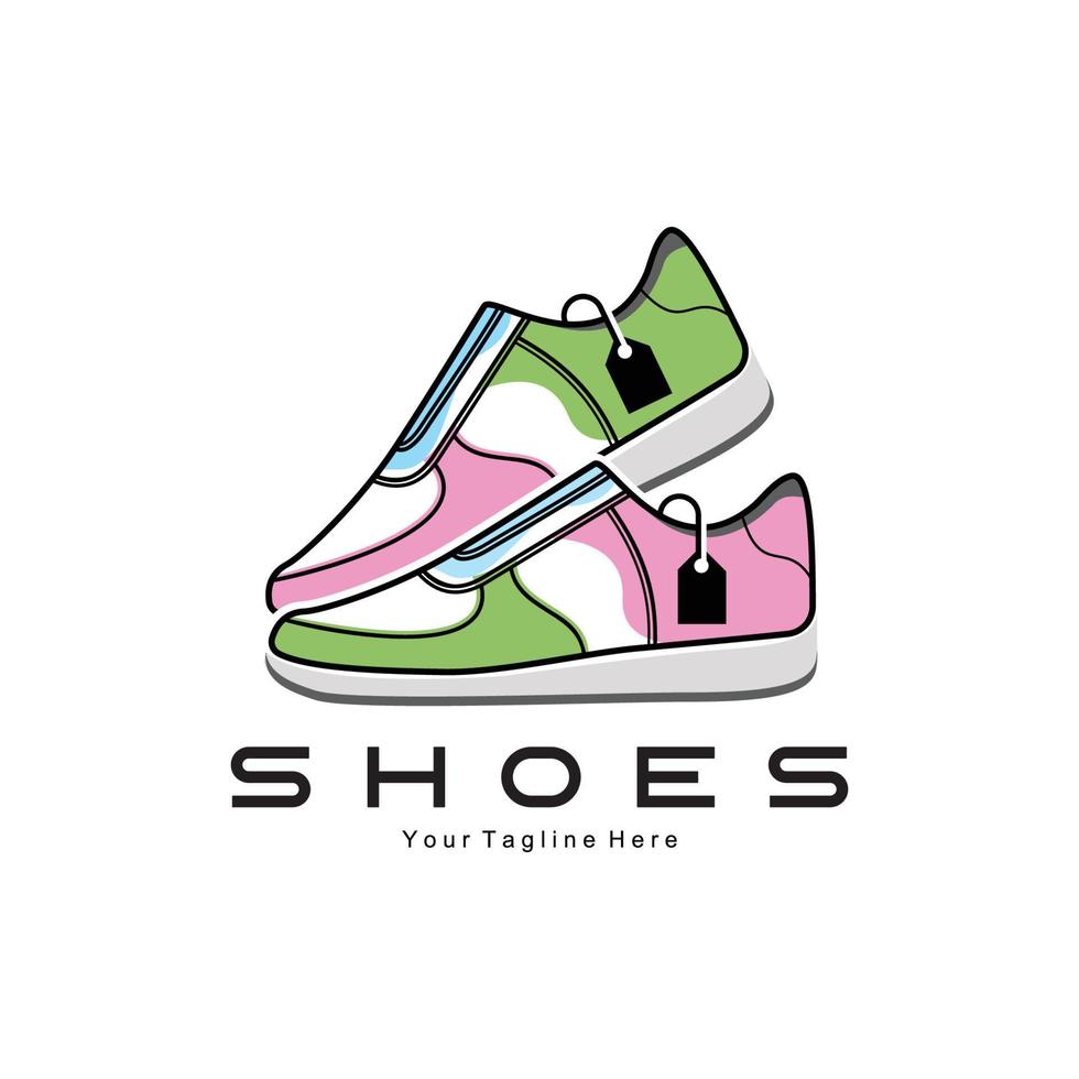 sneakers sko logotypdesign, vektorillustration av trendiga ungdomsskor, enkelt funky koncept vektor