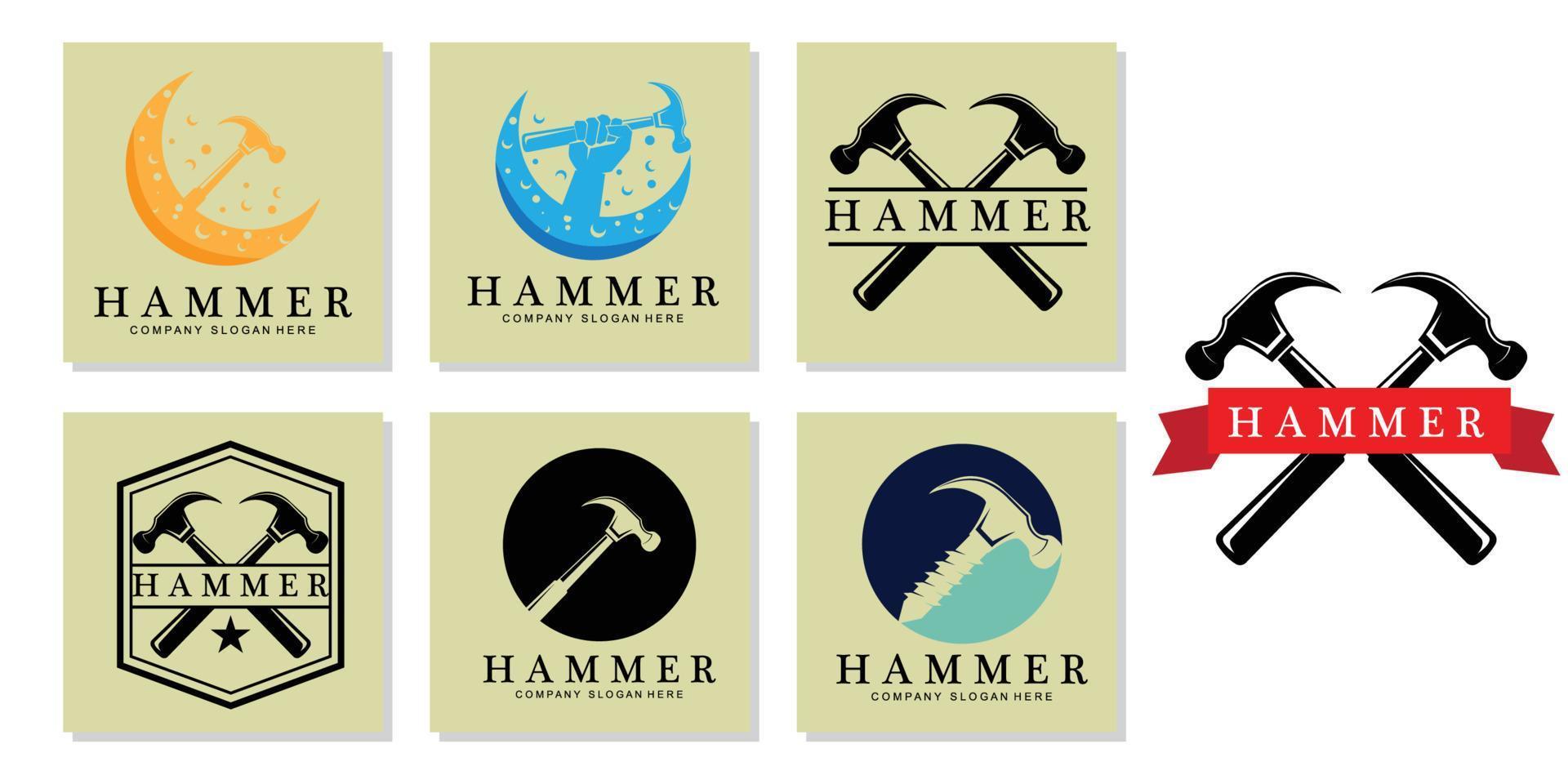 Hammer, Bauwerkzeuge und Richter-Logo-Vektorsymbol, Vintage-Retro-Design-Illustration vektor