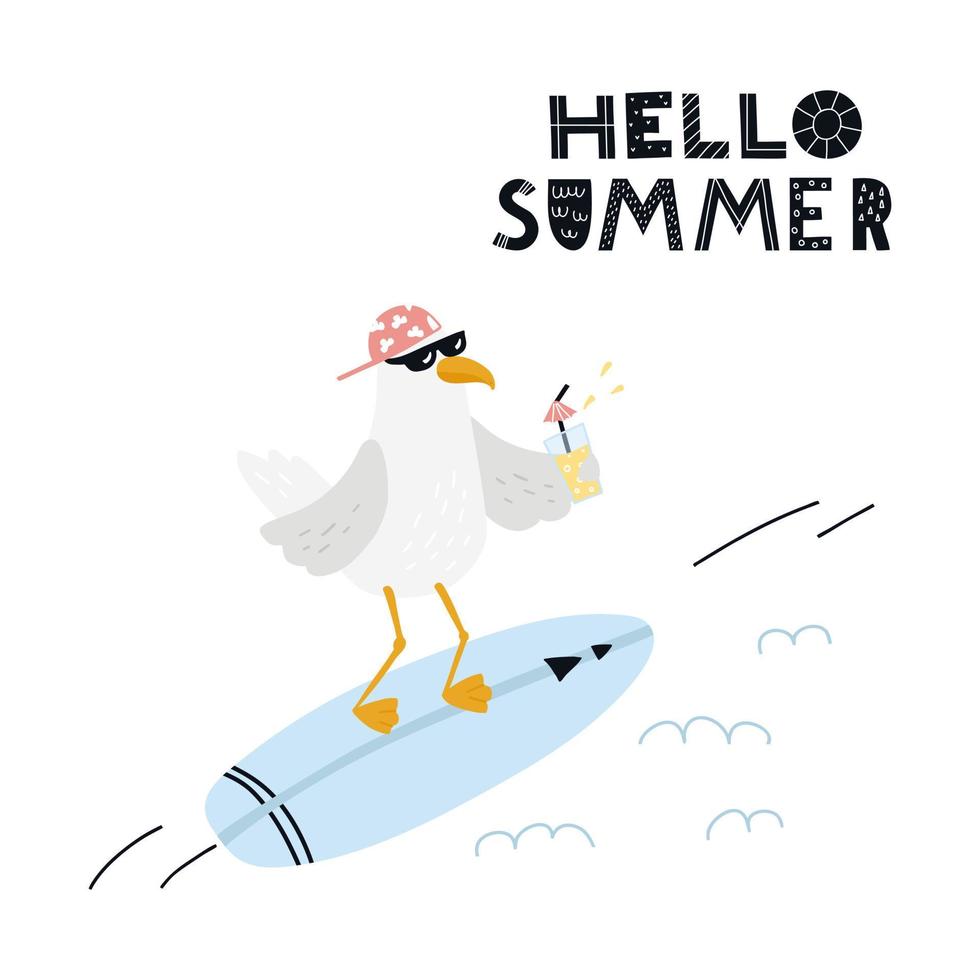 süße Möwe auf einem Surfbrett mit Limonade und Schriftzug. sommerillustration für t-shirt, plakat, karte vektor