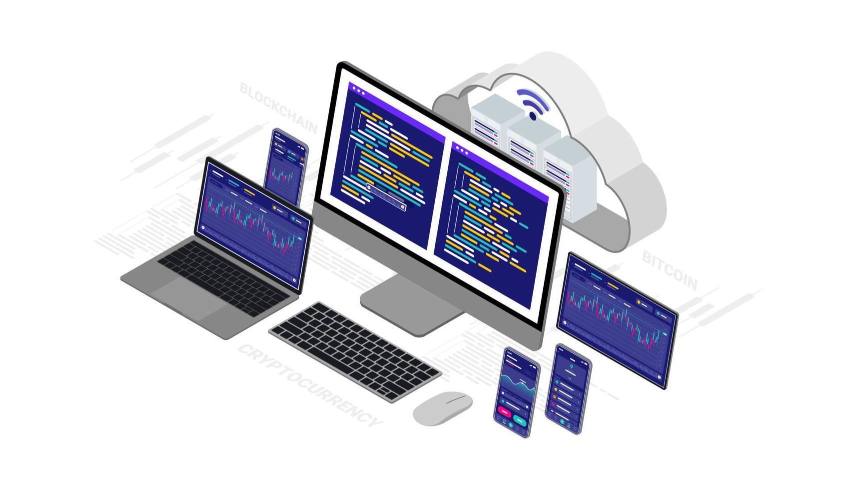 cloud-technologie-computing-konzept kryptowährung, bitcoin, blockchain. vektor isometrisches 3d-illustrationsnetzwerk mit computer, laptop, tablette und smartphone.