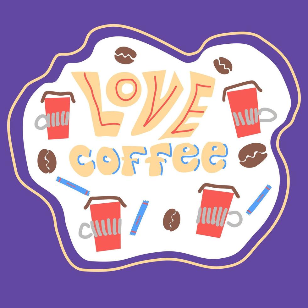 vektorillustration av roliga röda koppar kaffe med ånga och socker på violett och vit bakgrund. kaffetid koncept. handritad färgglad konstdesign av kopp kaffe vektor