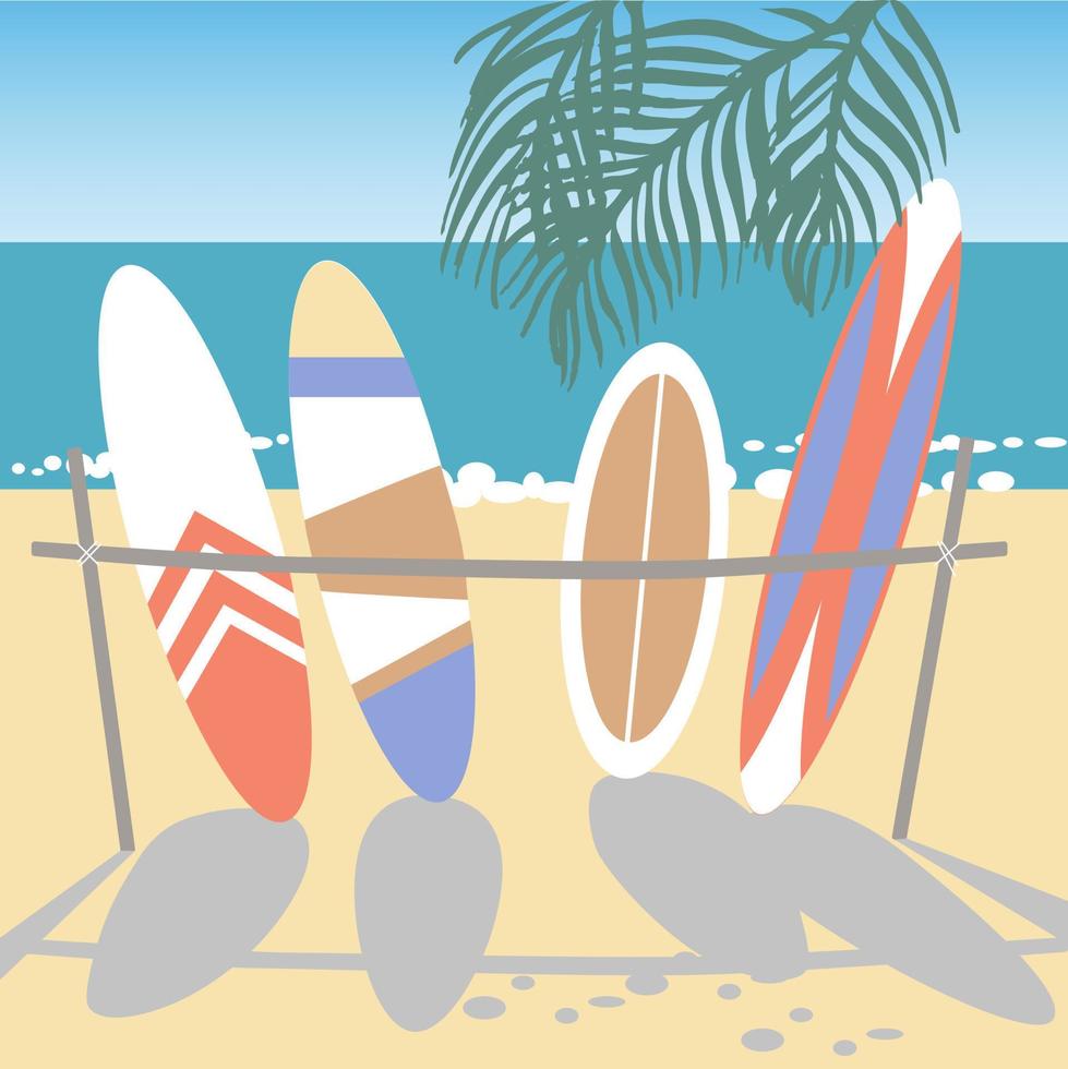 viele bunte Surfbretter am Strand. Panorama. Vektor-Illustration. Satz Surfbretter. vektor