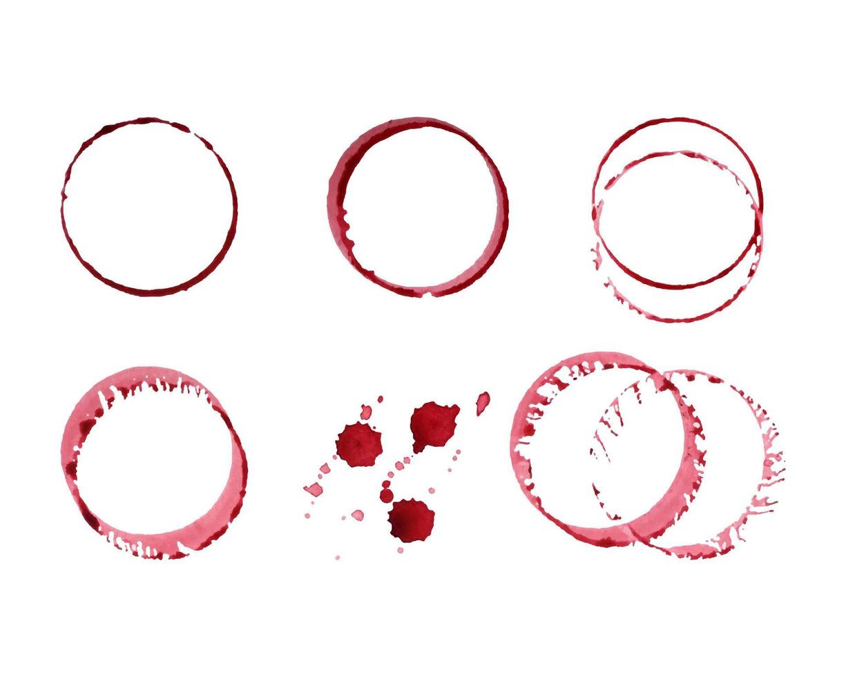 Vektor Aquarell runde Rotweinflecken, Tropfen, Spritzer, verschüttete Glasflecken, Symbole