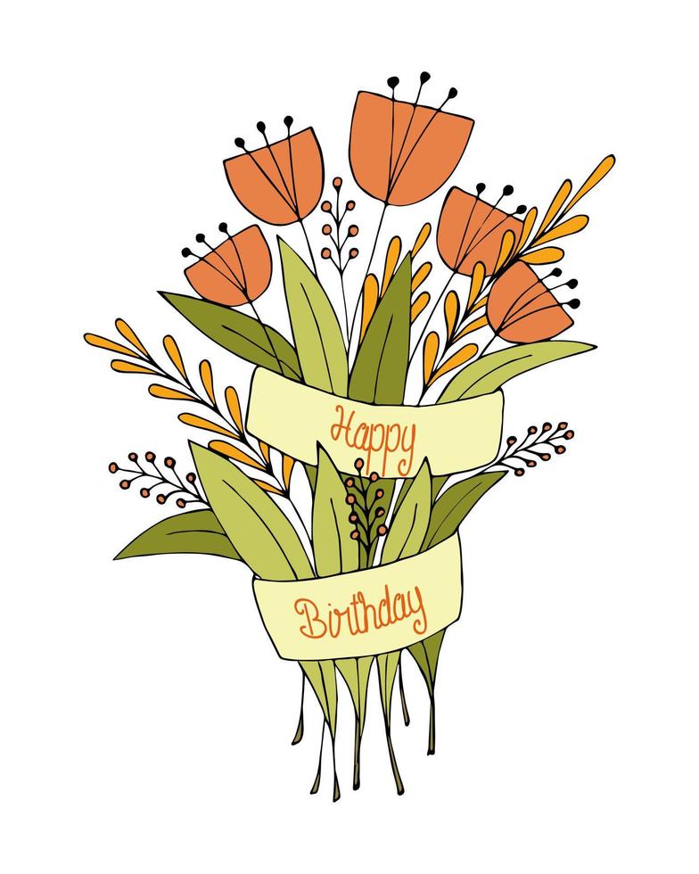 alles gute zum geburtstag gekritzelblumen, blumenstrauß, glückwunsch, band mit der aufschrift, farbhandzeichnung, postkarte, auf weißem hintergrund. Vektor