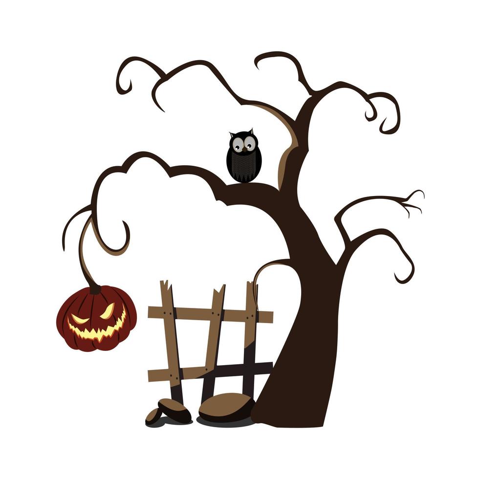 gruseliger baum für halloween mit kürbis, eule, eule, zaun alte kaputte bretter, steine, für design und dekor, isoliert, weißer hintergrund. Vektor