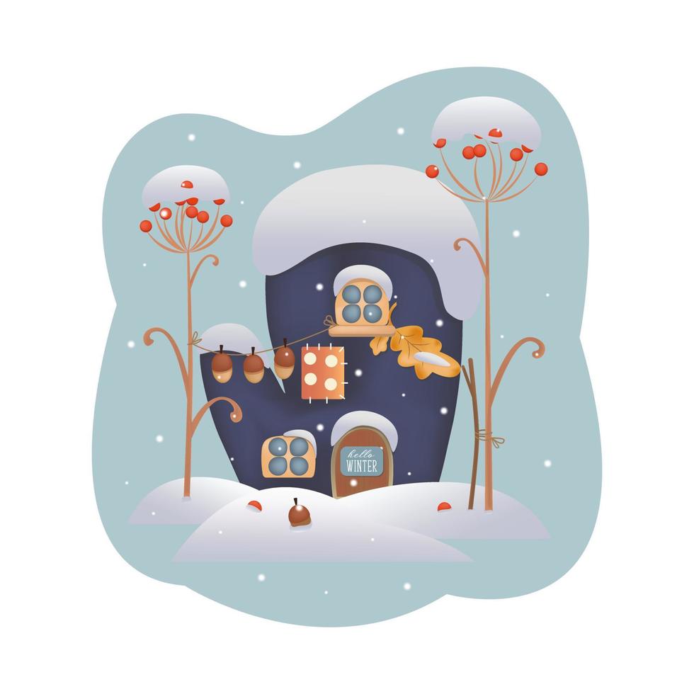 hallo winterhaushandschuh mit fenstern, unter dem schnee, schneeflocken, eicheln, beeren, eichenblatt, nüssen. wintermärchen, postkarte, hintergrund, hintergrund, kinderillustration. Vektor-Illustration vektor