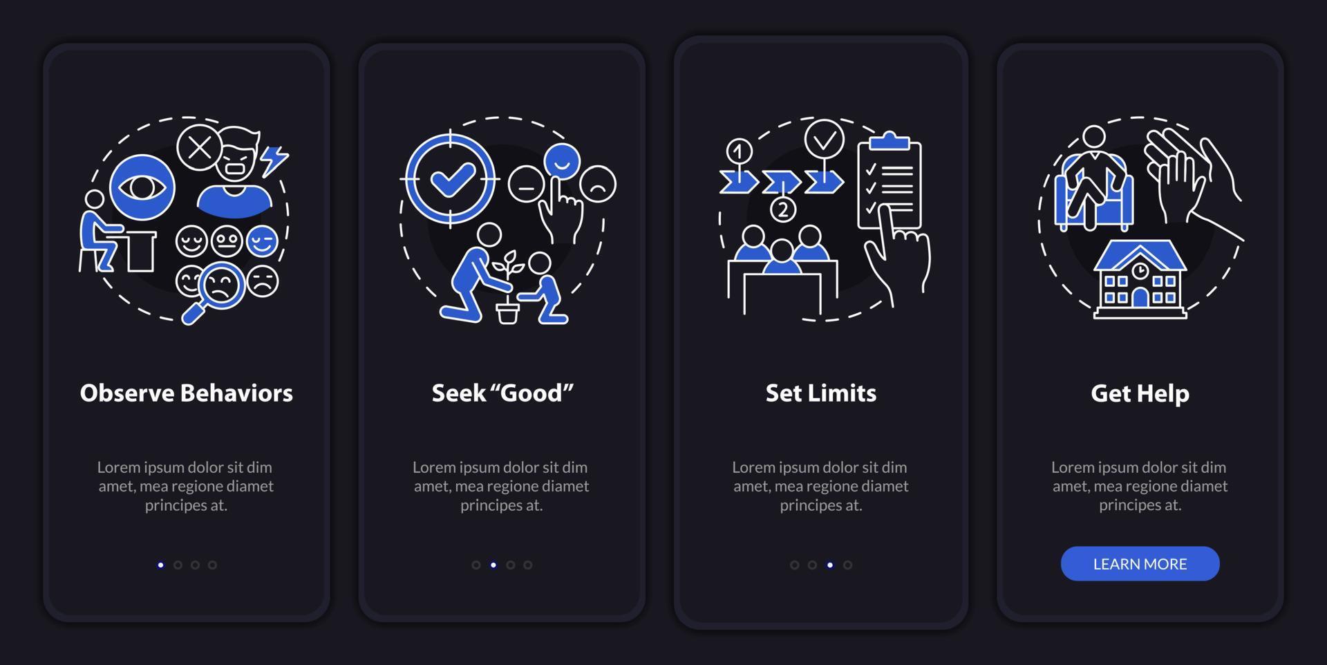 Verhaltensstörungstipp für den Lehrer-Nachtmodus beim Onboarding des Bildschirms der mobilen App. Komplettlösung 4 Schritte grafische Anleitungsseiten mit linearen Konzepten. ui, ux, gui-Vorlage. vektor