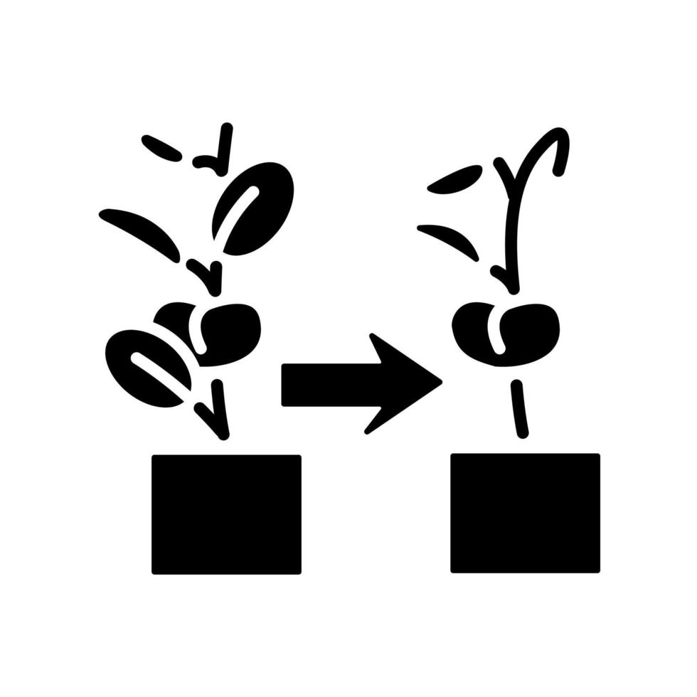 vissnad växt svart glyfikon. bleknande och vissnande blommor och krukväxter. trädgårdshobby inomhus. siluett symbol på vitt utrymme. solid piktogram. vektor isolerade illustration