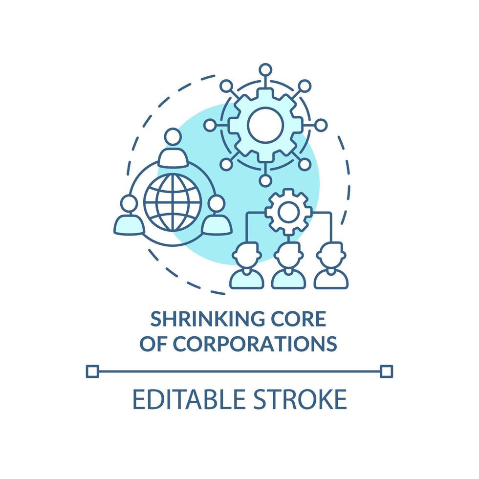 schrumpfender Kern von Unternehmen türkisfarbenes Konzeptsymbol. trends in der abstrakten idee des unternehmens dünne linie illustration. isolierte Umrisszeichnung. editierbarer Strich. vektor