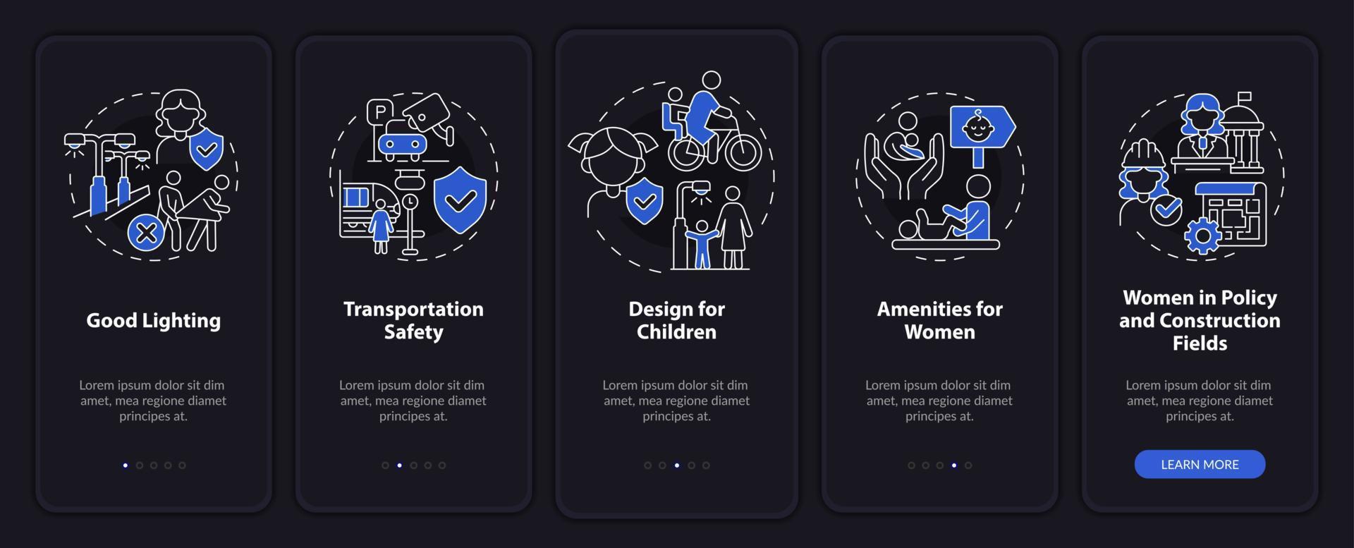 Stadtdesign für Frauen und Kinder Nachtmodus beim Onboarding auf dem Bildschirm der mobilen App. Komplettlösung 5 Schritte grafische Anleitungsseiten mit linearen Konzepten. ui, ux, gui-Vorlage. vektor