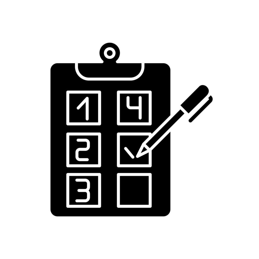 Schwarzes Glyphen-Symbol für Planeinhaltung. Aufbau von Zielen. Geschäftsstrategie und Projekt. Ziele Checkliste. Schattenbildsymbol auf Leerraum. solides Piktogramm. vektor isolierte illustration