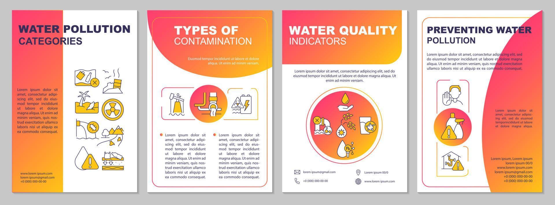 Broschürenvorlage mit rotem Farbverlauf zur Klassifizierung der Wasserverschmutzung. Verhütung. Broschürendesign mit linearen Symbolen. 4 Vektorlayouts für Präsentationen, Jahresberichte. vektor