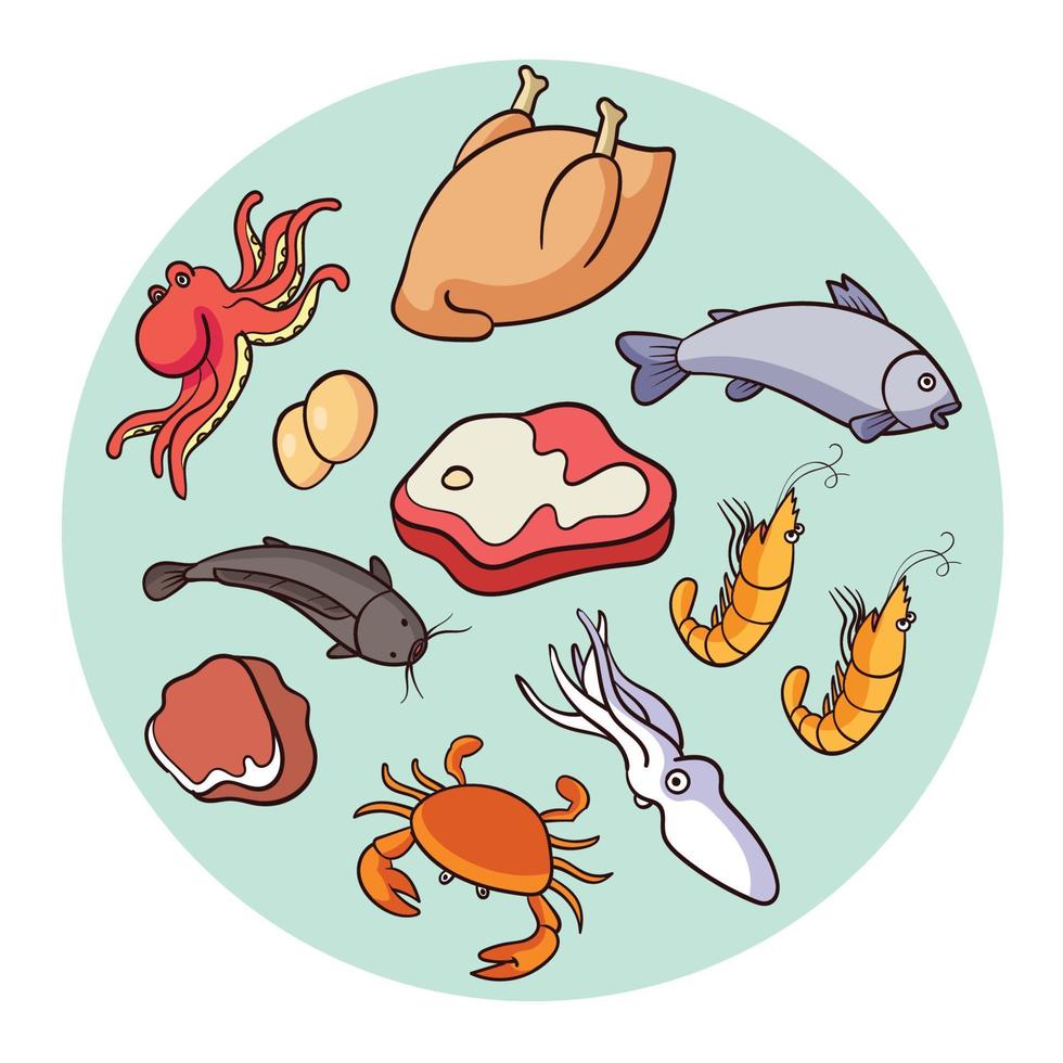 Vektor Fleisch und Fisch produzieren Protein