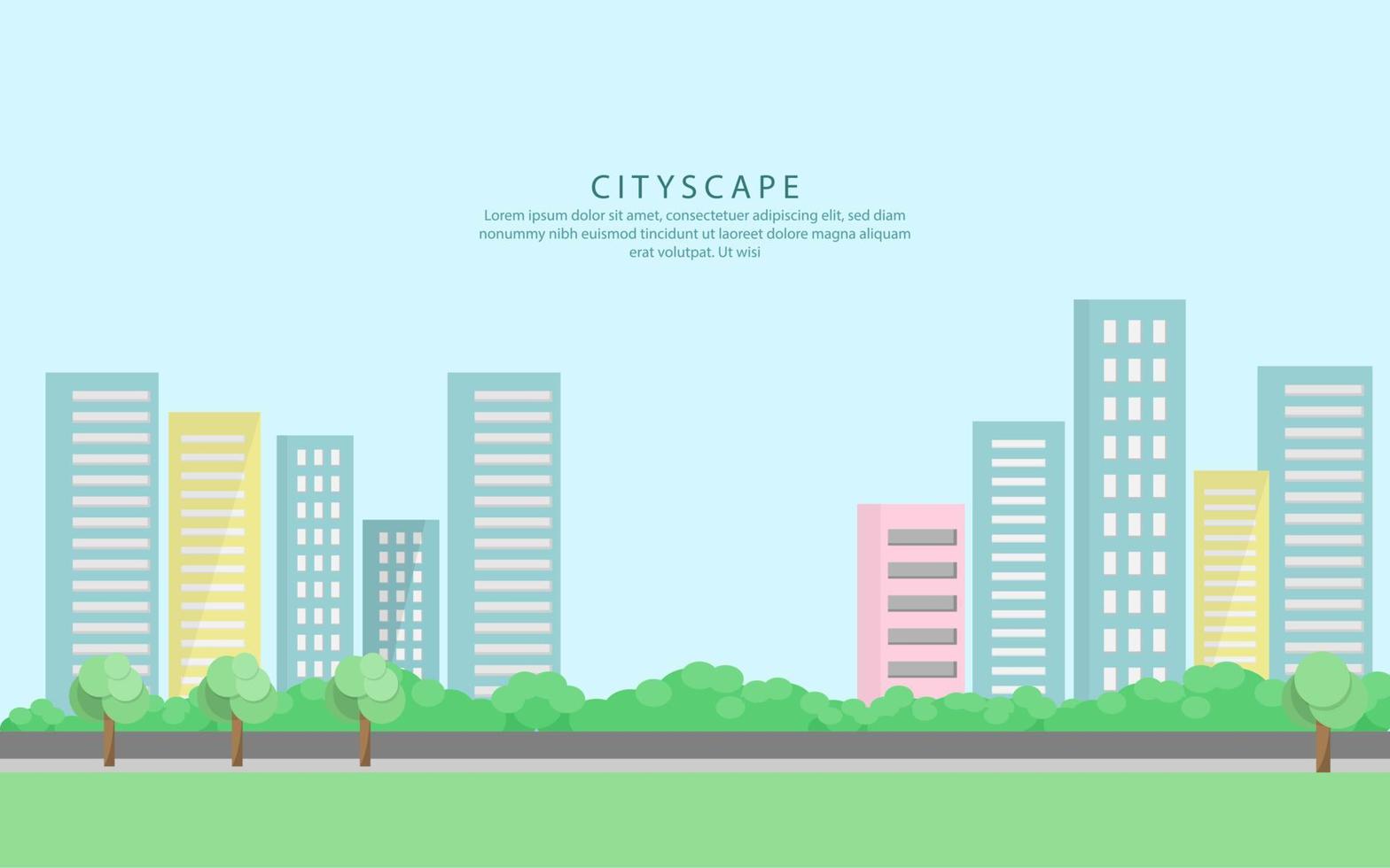 stadtbildlandschaft mit wolkenkratzer- und straßenvektorillustration vektor