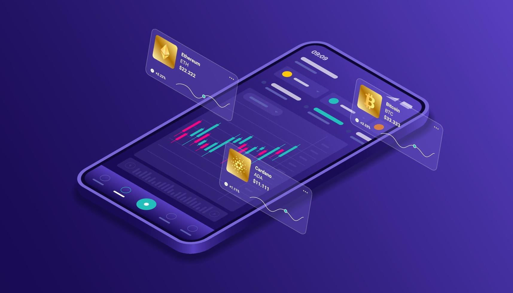 kryptovaluta, bitcoin, ethereum, cardano, blockchain, gruvdrift, teknologi, internet iot, säkerhet, mobil instrumentpanel isometrisk 3d illustration vektor design cpu dator