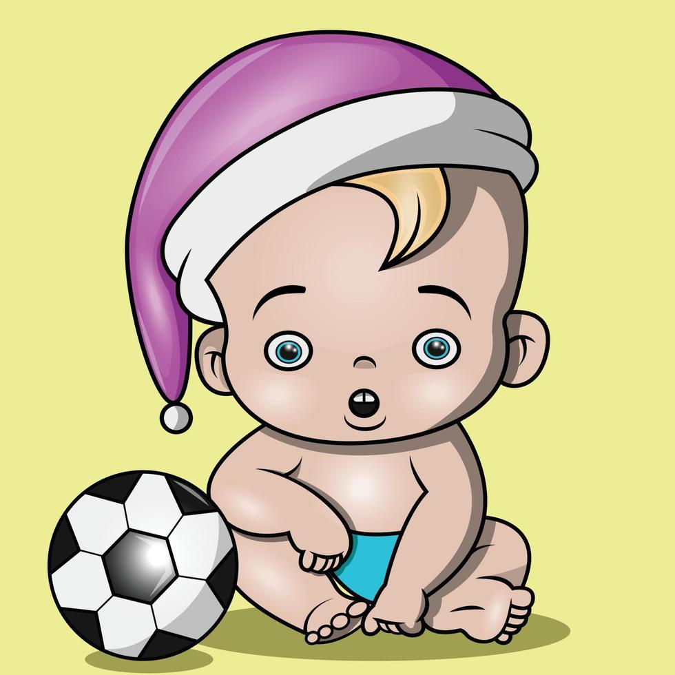 ein süßes baby mit einer weihnachtsmütze und seinem ball vektor