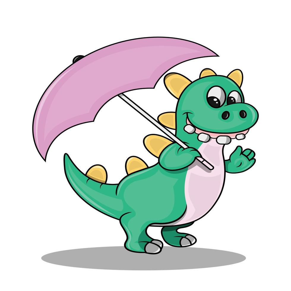 niedlicher dinosaurier der karikatur, der regenschirm hält vektor