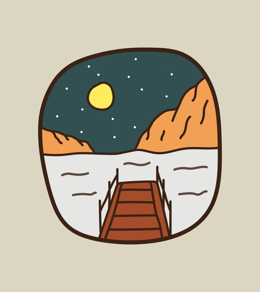 Blick auf ein Holzdock am Strand mit einem Hügel dahinter in der Nacht für T-Shirt-Design, Patch-Emblem-Abzeichen-Design vektor