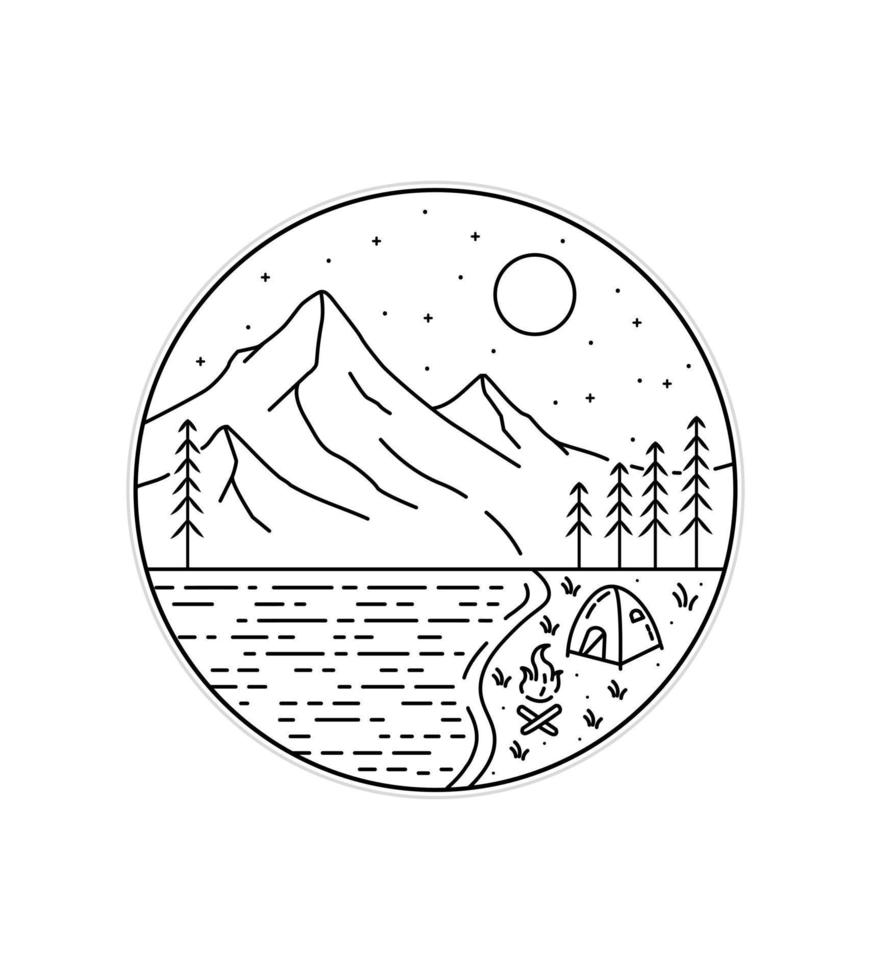 Camping am See vor dem Hintergrund der Berge in Monoline-Kunst, Abzeichen-Patch-Pin-Grafikillustration, Vektorkunst-T-Shirt-Design vektor