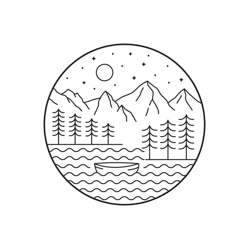 en vy av berg och sjöar och små båtar i mono line art för märke, emblem, t-shirts och annat bruk vektor