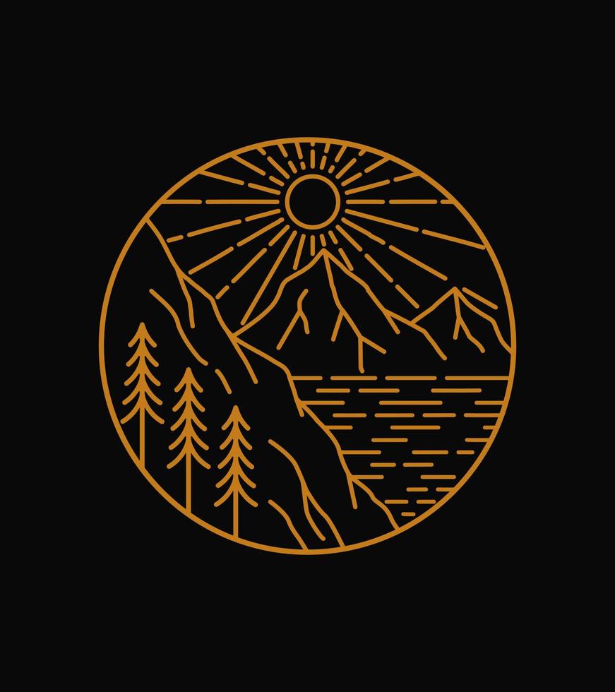 utsikt över bergen och havet när solen är klar i mono line art, patch badge design, emblem design, t-shirt design vektor