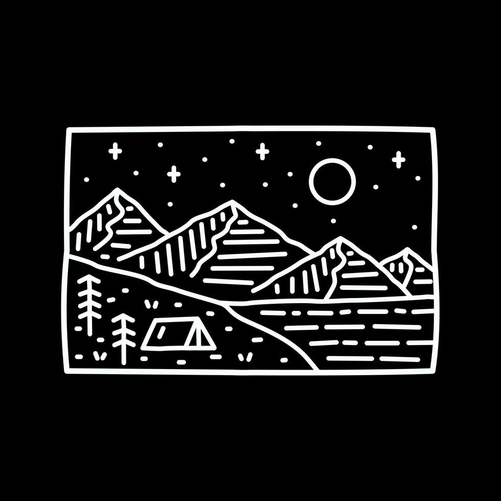 Outdoor-Lebensstil, Camping, Tierwelt, Natur in Mono-Linienkunst, für T-Shirts, Aufkleber, Abzeichen usw vektor