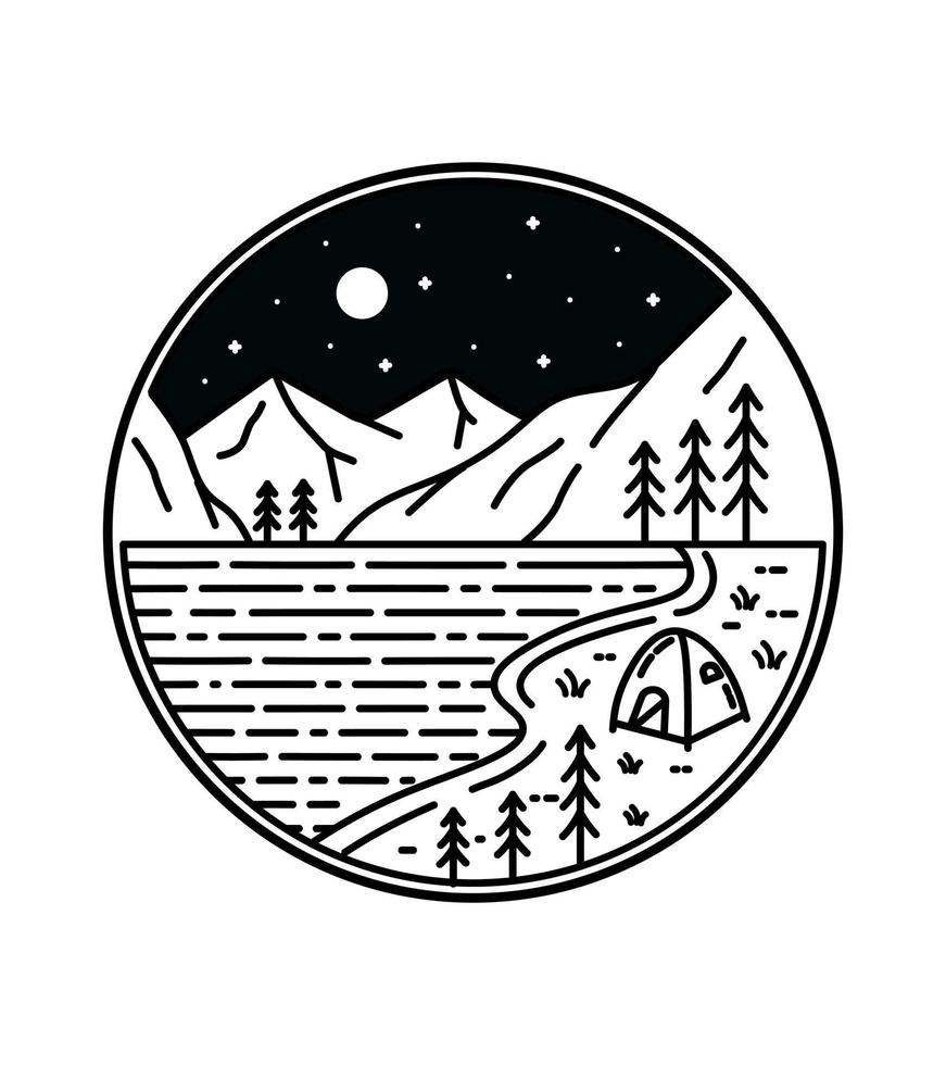 ein Camping-Design am See wilde Linie Abzeichen Patch Pin grafische Illustration Vektorkunst T-Shirt-Design vektor