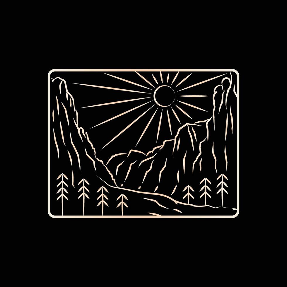 Landschaft des Zion-Nationalparks in Mono-Linienkunst, Patch-Abzeichen-Design, Emblem-Design, T-Shirt-Design vektor