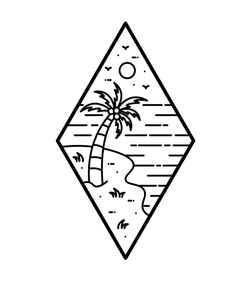 Hawaii-Aloha-Stranddesign in Mono-Linienkunst, Abzeichen-Patch-Pin-Grafikillustration, Vektorkunst-T-Shirt-Design vektor