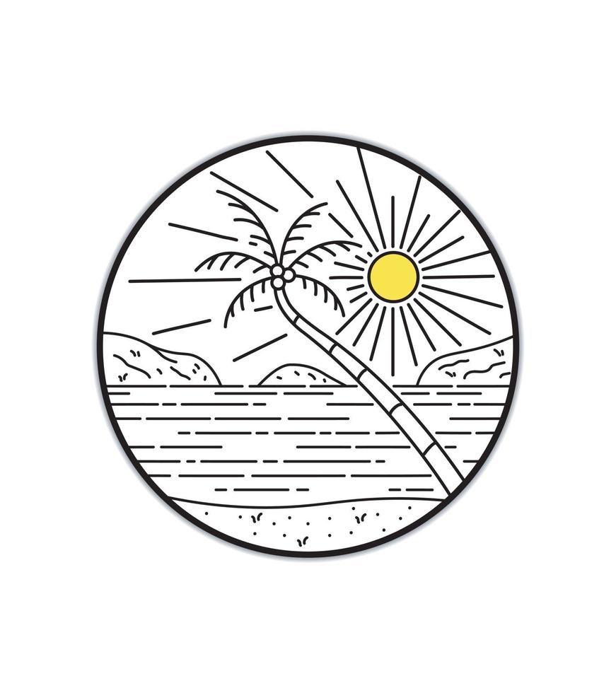 Sommerstrand in Mono-Linienkunst, Patch-Abzeichen-Design, Emblem-Design, T-Shirt-Design vektor