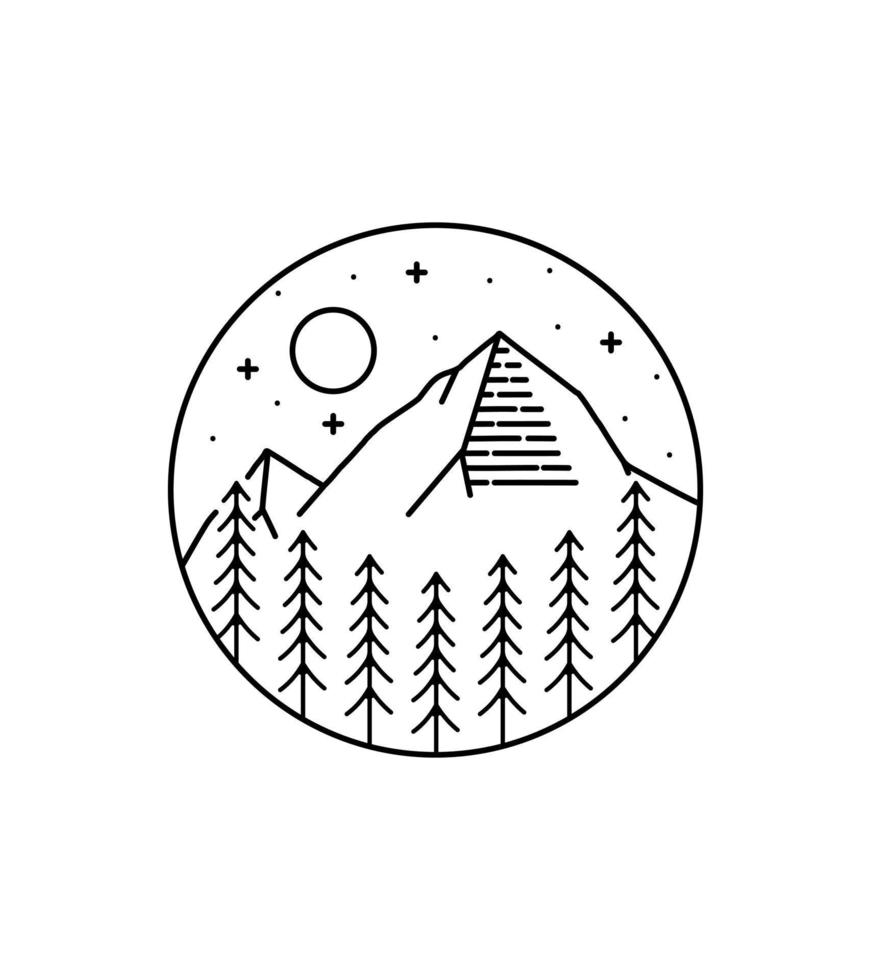 berg och tallar i mono line art, grafisk illustration av märkeslappstift, vektorkonst-t-shirtdesign vektor