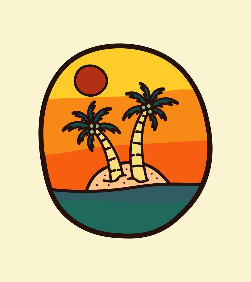 ett par kokospalmer på en ö för t-shirt design, t-shirt design, patch emblem badge design vektor
