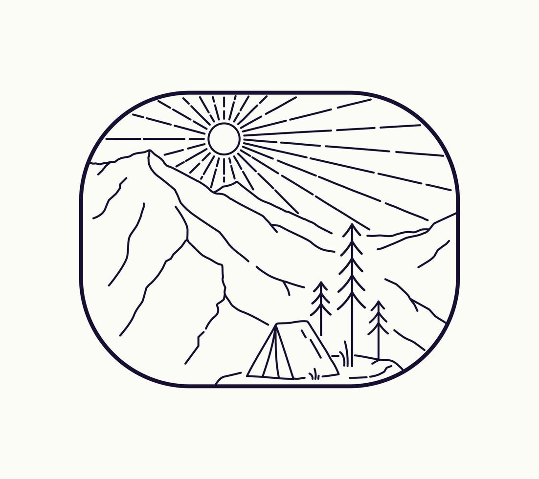 landskapsdesign av berg och läger i mono line art, patch badge design, emblem design, t-shirt design vektor