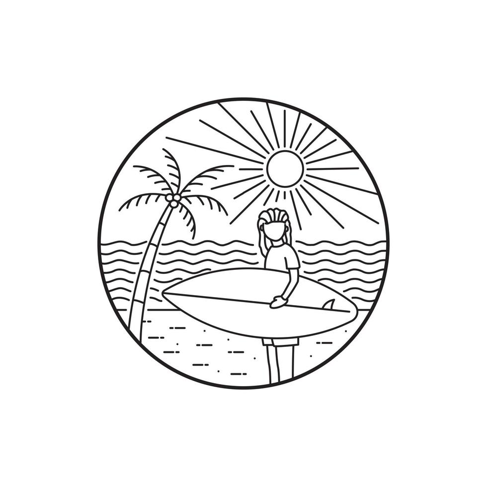 Ein Surfer an einem Strand im Sommer in Mono-Line-Kunst, Abzeichen-Patch-Pin-Grafikillustration, Vektorkunst-T-Shirt-Design vektor