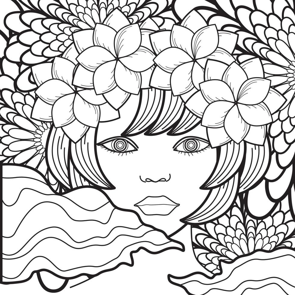 Vektor Mädchen dekorative Frisur mit Blumen, Blätter im Haar im Doodle-Stil. natur, kunstvolle, florale illustration. einfarbiger Schwarzweiss-Hintergrund. Zentangle handgezeichnete Malbuchseite