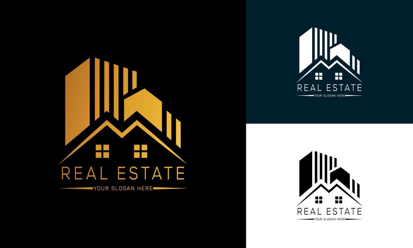 immobilien-logo-vorlage mit goldenen premium-abzeichen im kreativen stil für verkauften vektor des makler-logos