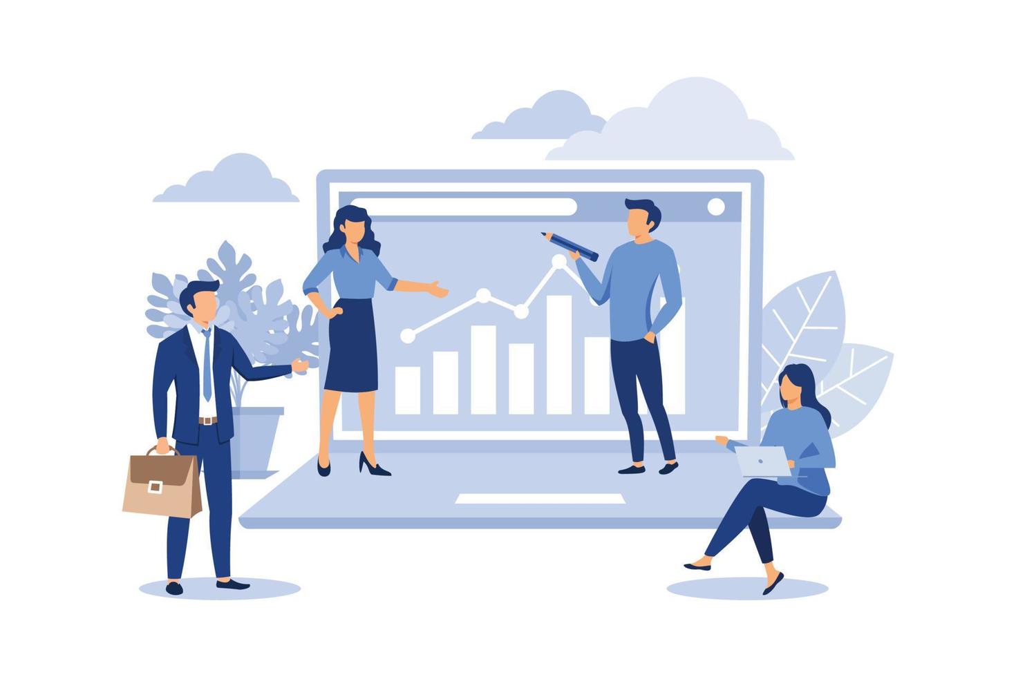 Grafikdesign, Analyse statistischer Daten in einem Computer, Arbeit mit Daten. kompetent geplante Inbetriebnahme. flache vektorillustration der marktforschung und der informationen vektor