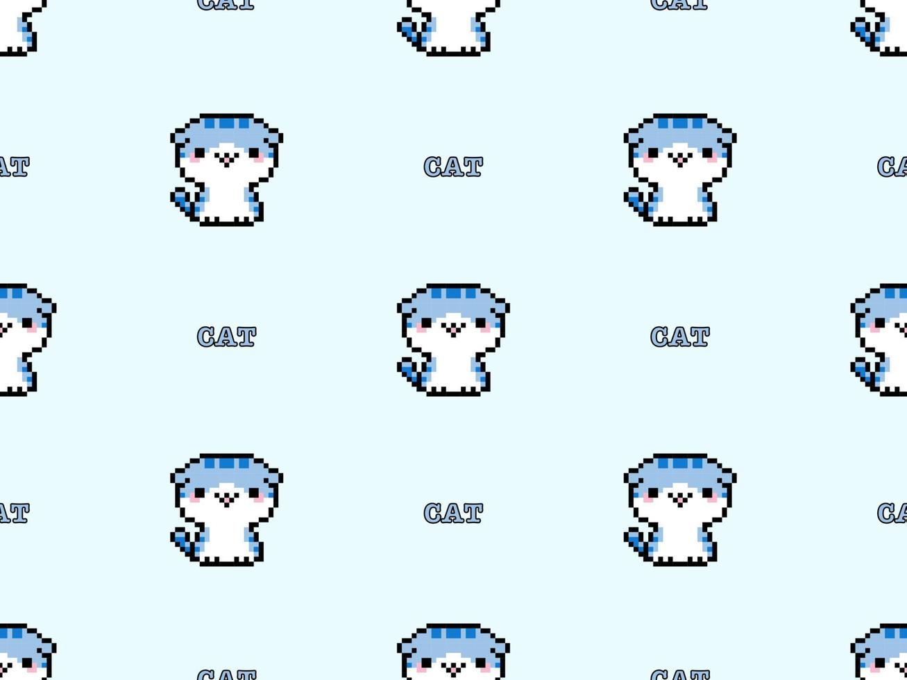 nahtloses muster der katzenzeichentrickfigur auf blauem hintergrund. Pixel-Stil vektor