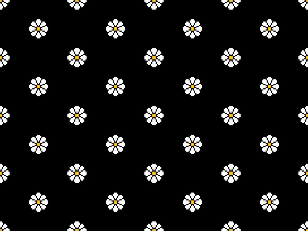 blomma seriefigur seamless mönster på svart bakgrund. pixel stil vektor