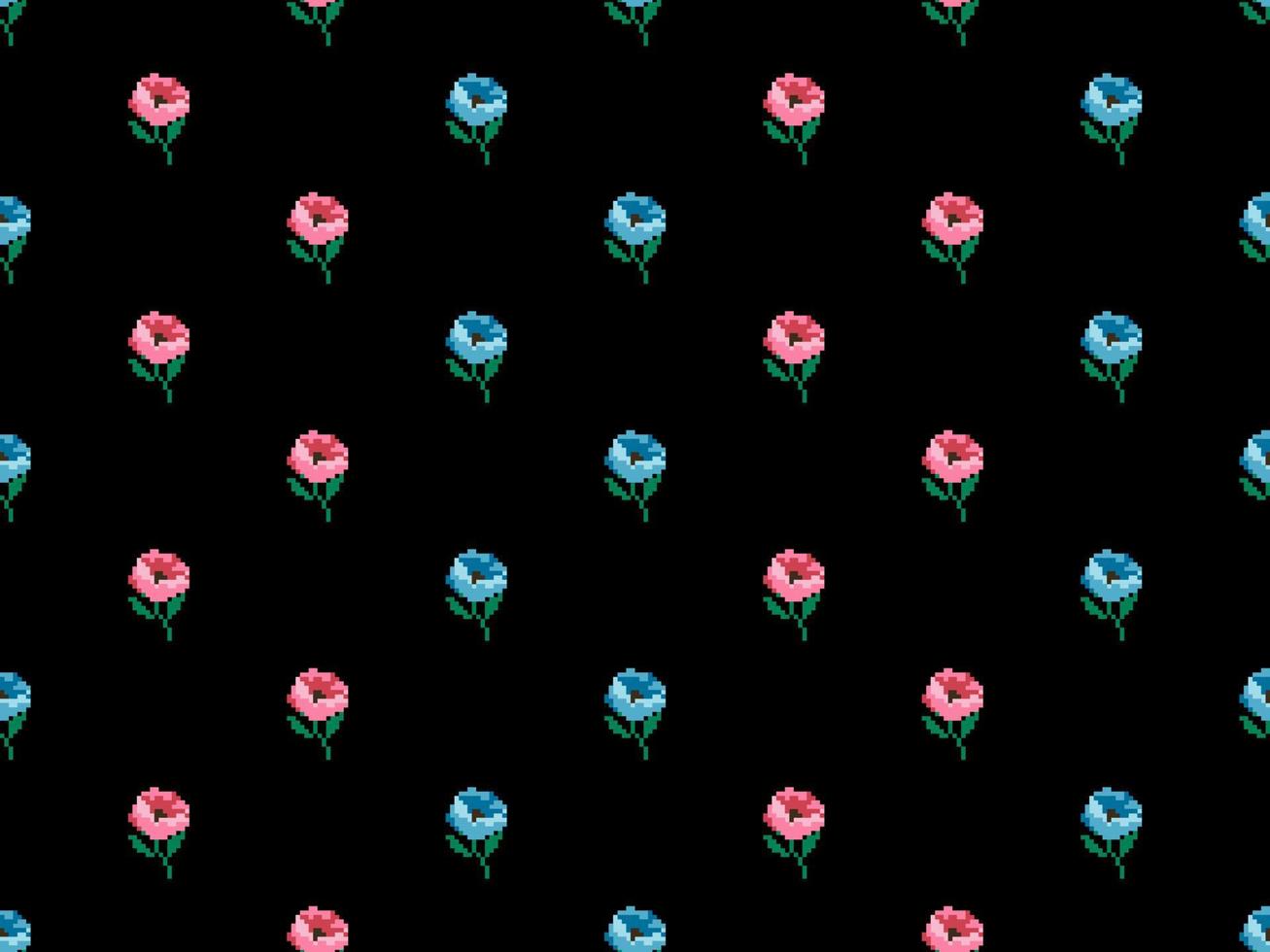 nahtloses muster der blumenzeichentrickfigur auf schwarzem hintergrund. Pixel-Stil vektor
