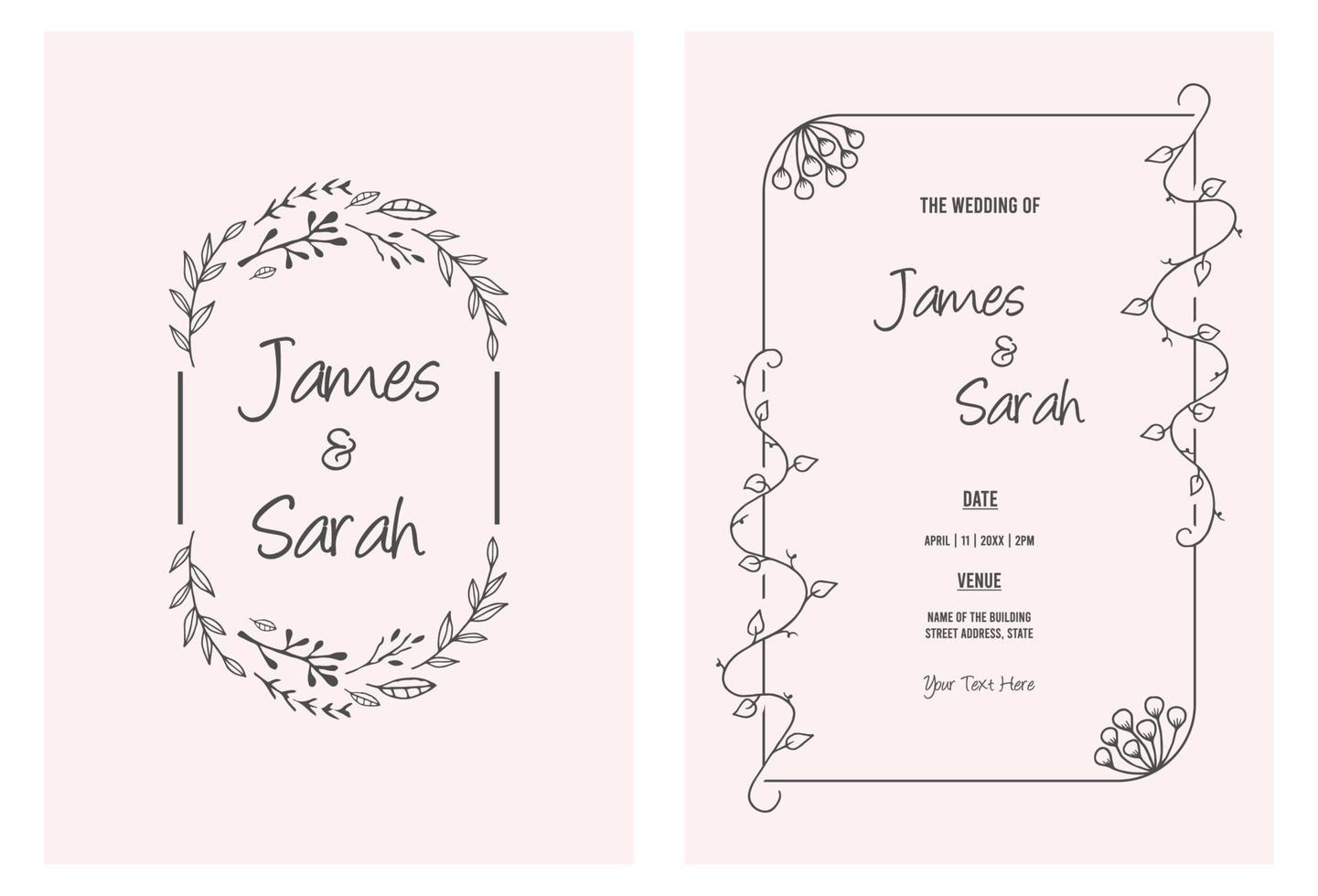elegant och minimalistisk bröllopsinbjudningskort malldesign, linjeteckning av blommor med ram på papper vektor