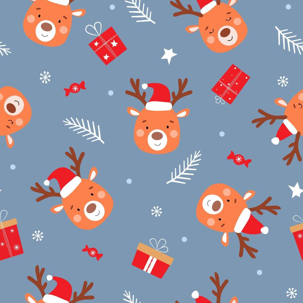 sömlösa mönster av söta julrenar med presenter, godis, snöflingor i santa hattar. nyårs djur. vektorgrafik. vektor