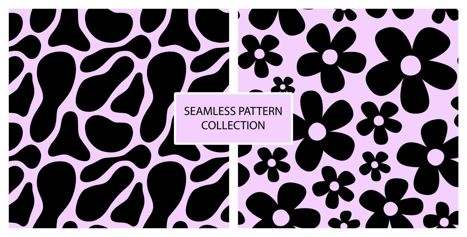 uppsättning av två vektor retro sömlösa mönster med svarta tusensköna blommor och abstrakta fläckar på lila bakgrund. illustration i trendiga färger. handritad tapet med hippieestetik och 1970-vibe.