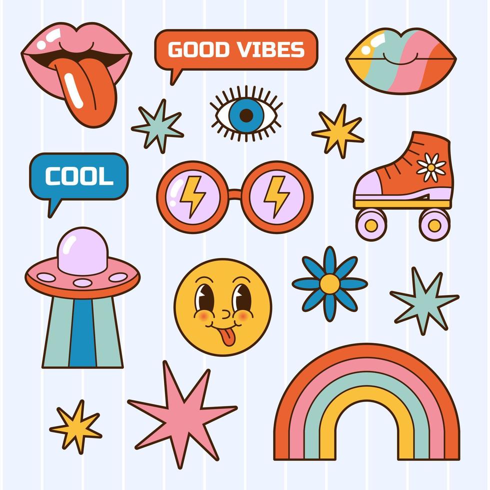 hippie vektor 1970 vibe groovy element, söt rolig tecknad illustration. uppsättning hippie retro symboler eller märken med daisy blommor, ufo och glasögon. isolerade positiva klistermärken i vintagestil.