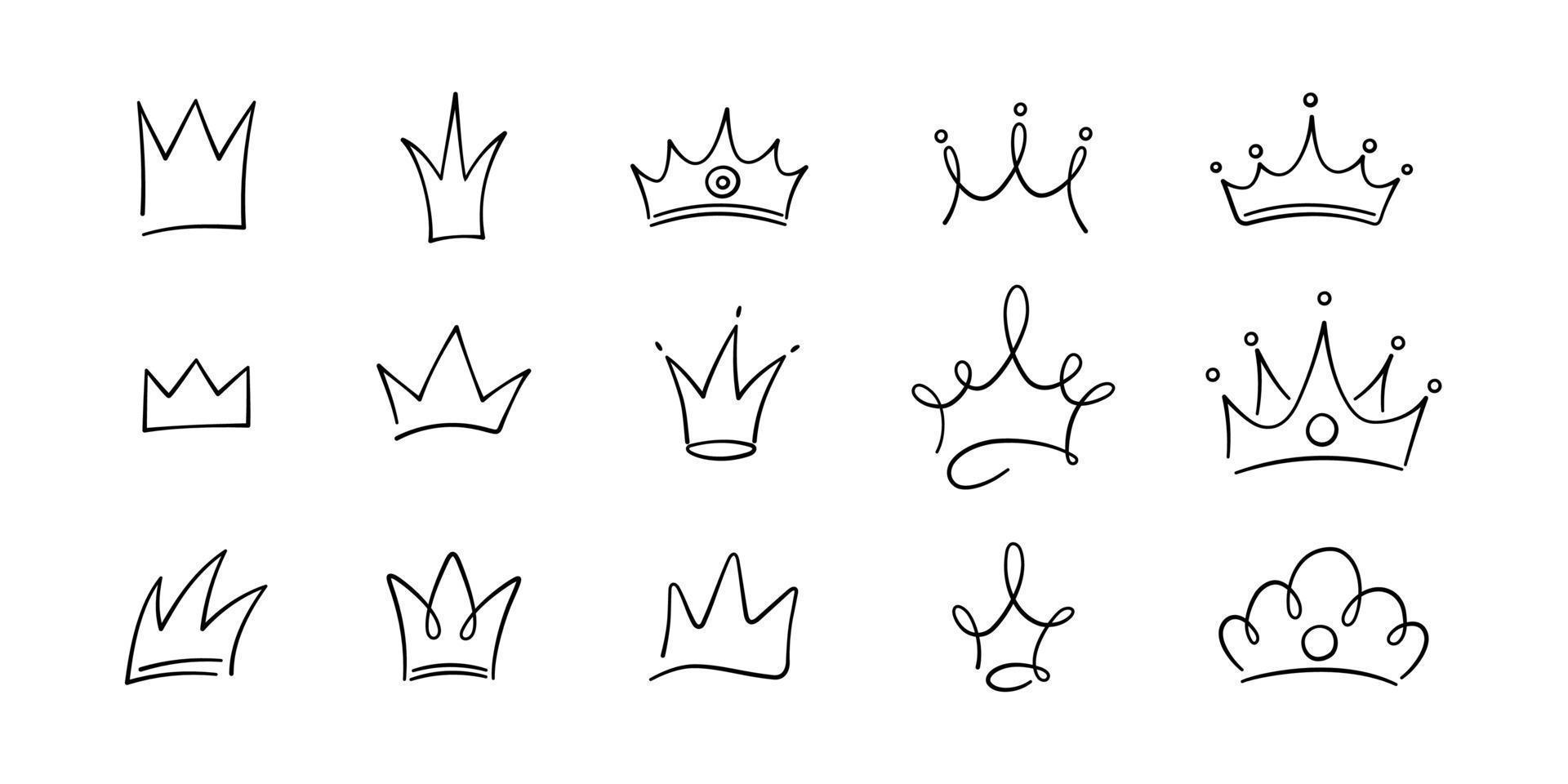handritad doodle kronor set. kungakronskisser, majestätisk tiara, kung och drottning kungliga diadem. vektor illustration isolerade i doodle stil på vit bakgrund
