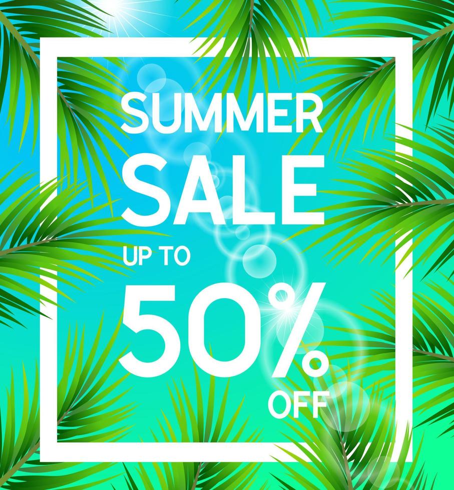 Summer Sale Poster bis zu 50 Prozent Rabatt mit Palmblättern vektor