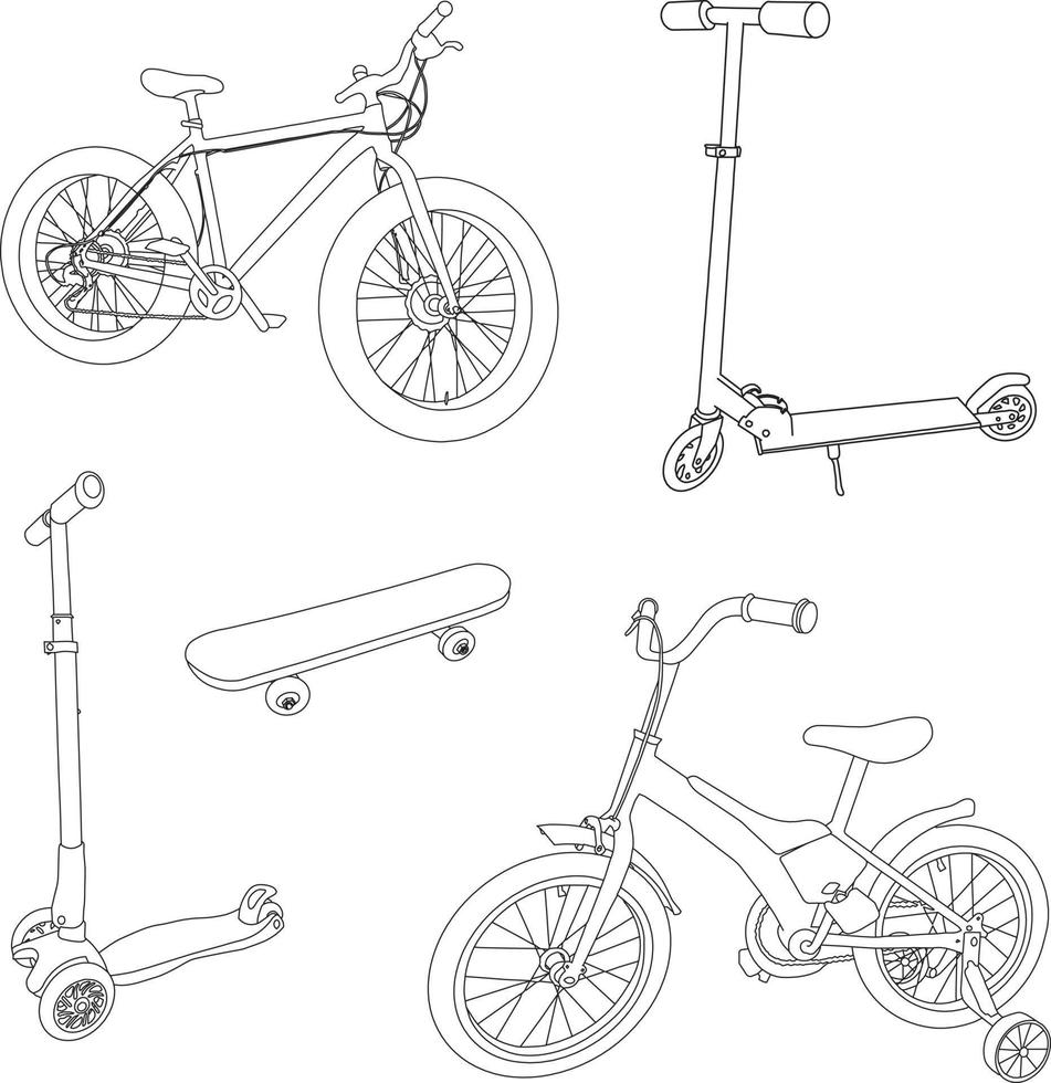 en uppsättning sommartransporter. vektor illustrationer av cykel, skateboard, skoter. konturritningar av transporter för utomhusaktiviteter.